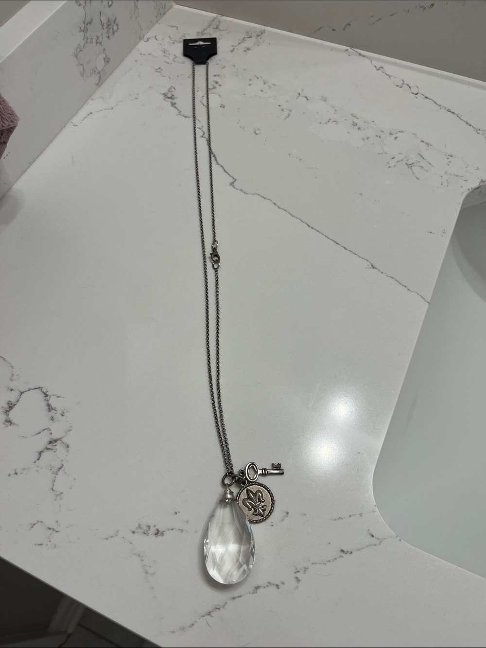 Silver-Tone Teardrop Crystal Pendant Necklace - Unbranded